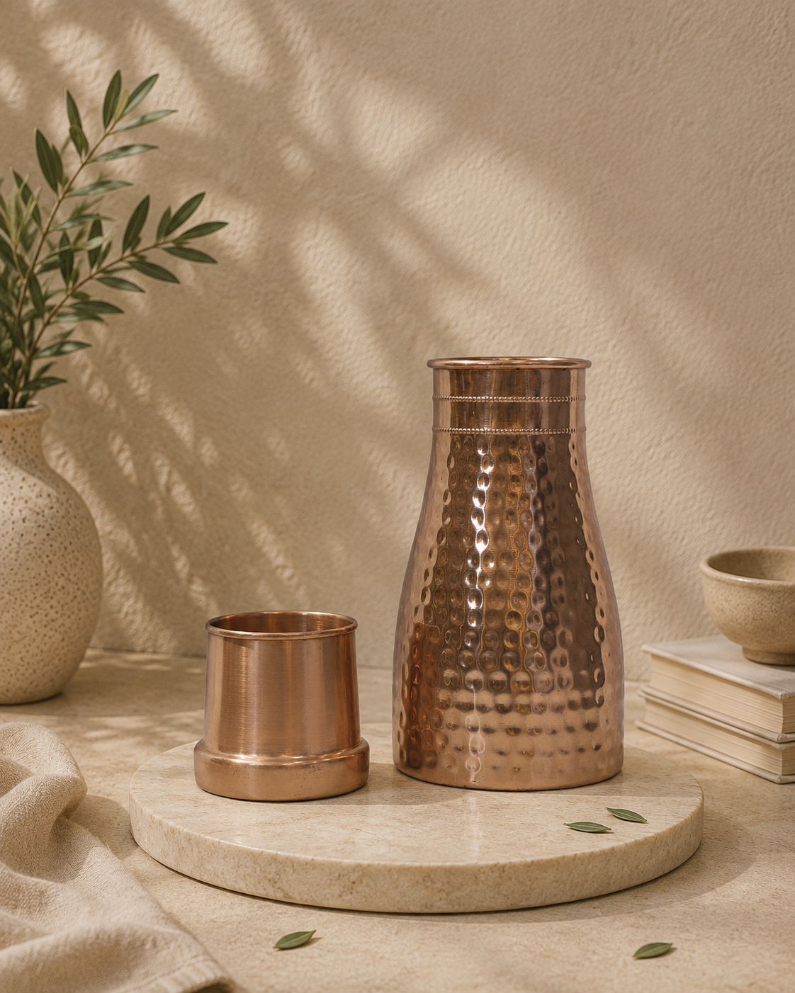 Pure Copper Bed Side Bottle In Middle Hammer Design With Glass | Soul Love & Earth