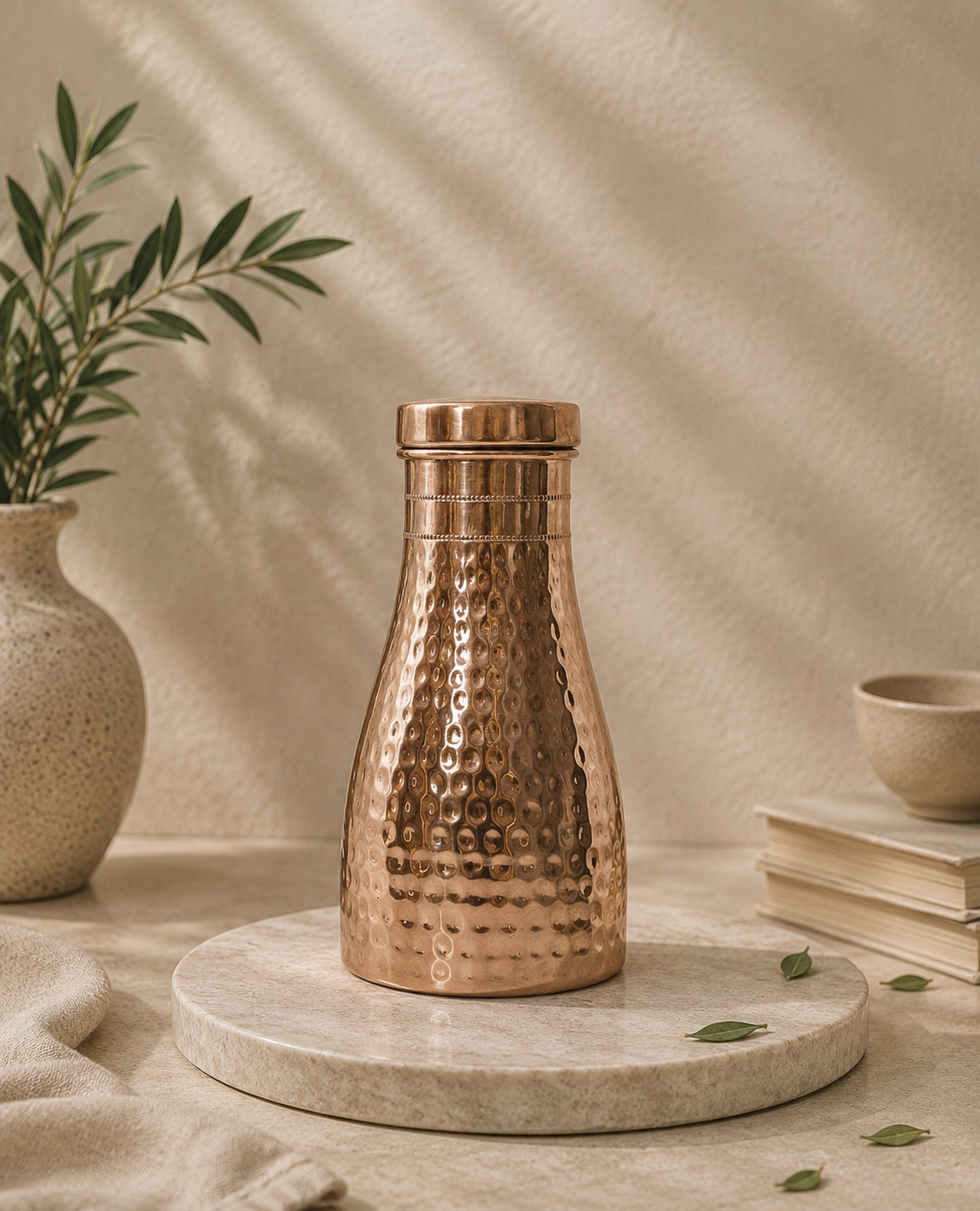 Pure Copper Bed Side Bottle In Middle Hammer Design With Glass | Soul Love & Earth