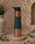 Pure Copper Water Sipper With Green Matte Finish, Top And Bottom Hammered Finish (1L) | Soul Love & Earth