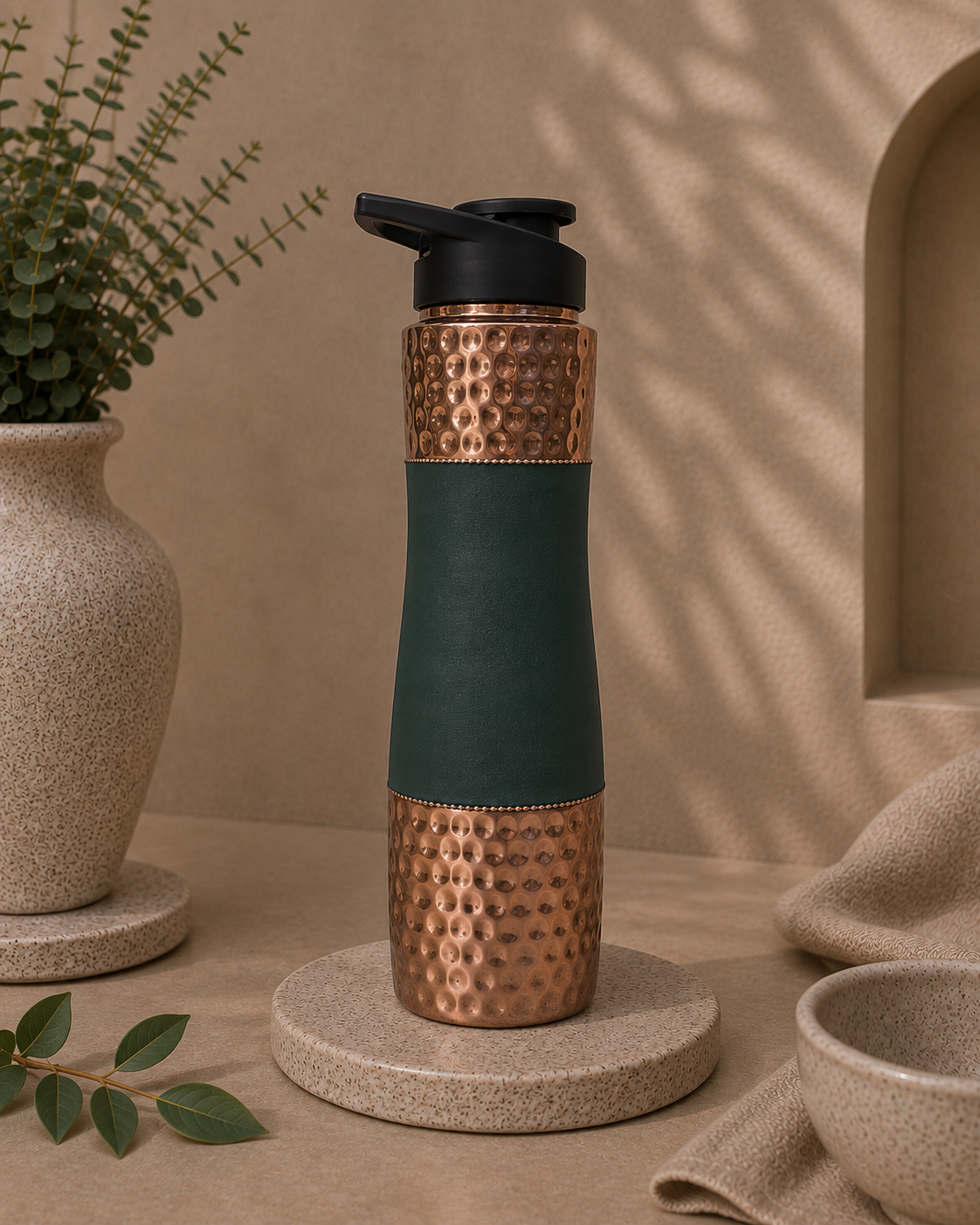 Pure Copper Water Sipper With Green Matte Finish, Top And Bottom Hammered Finish (1L) | Soul Love & Earth