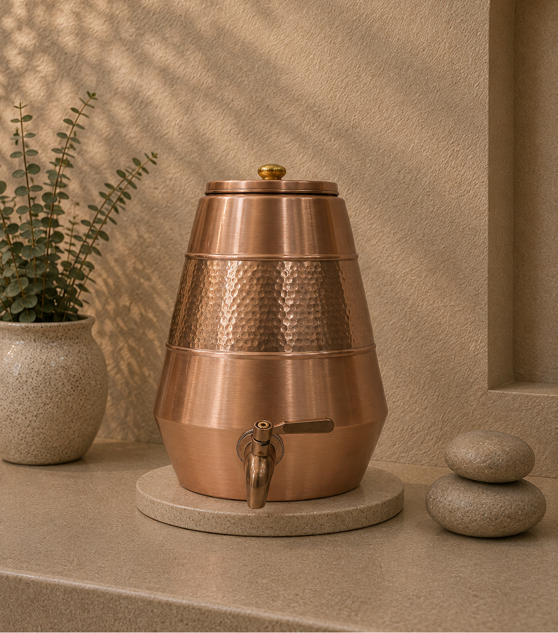Middle Hammered Pure Copper Pyramid Water Dispenser With Lid and Tap (5L) | Soul Love & Earth