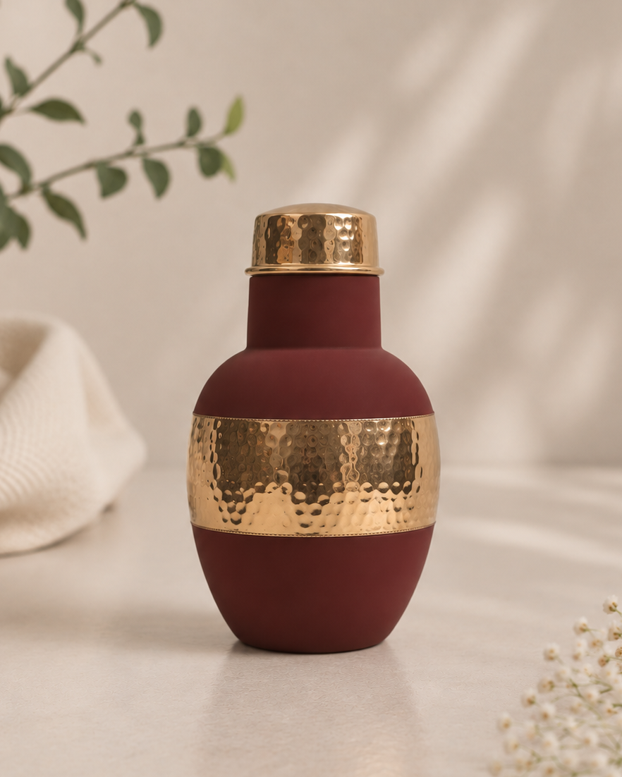 Antique Pure Copper Bed Side Bottle Middle Hammer With Inbuilt Glass (Red) | Soul Love & Earth