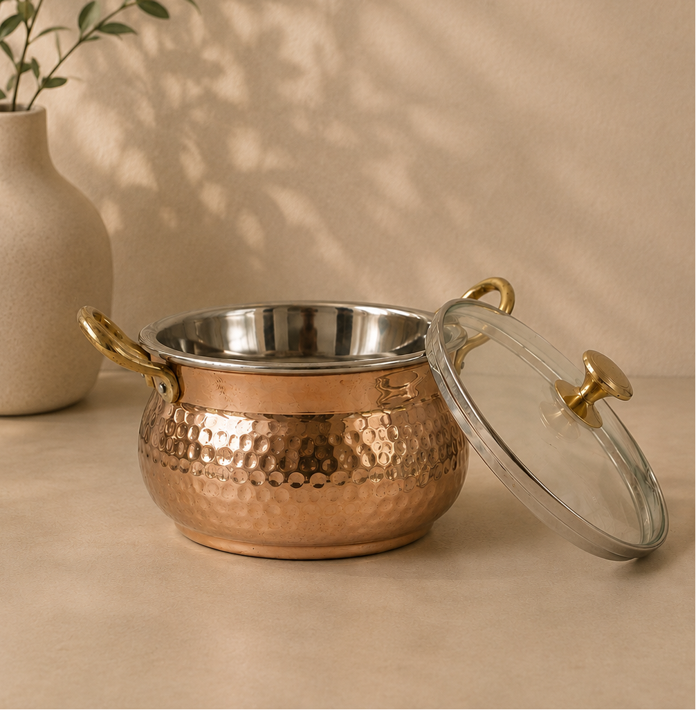 Copper Serving Bowl With Handle And Glass Lid | Soul Love & Earth