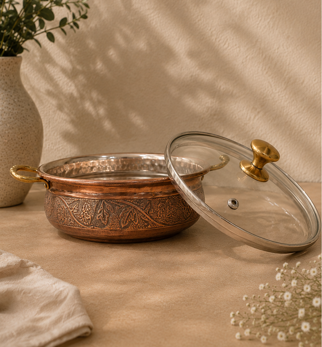 Antique Designed Copper Serving Handi With Glass Lid (1.9L) | Soul Love & Earth