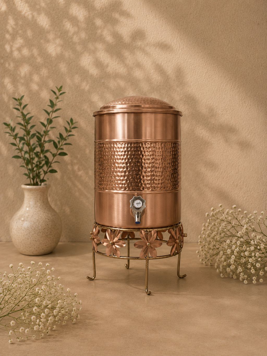 Pure Copper Water Container Hammerd Work In Middle With Tap And Stand 12L | Soul Love & Earth