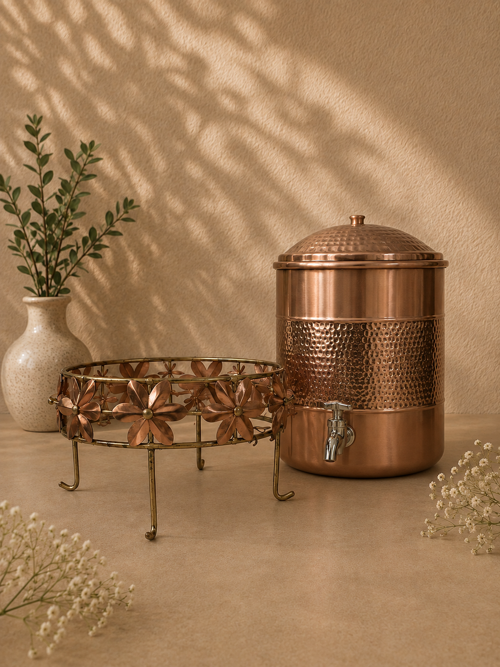 Pure Copper Water Container Hammerd Work In Middle With Tap And Stand 12L | Soul Love & Earth