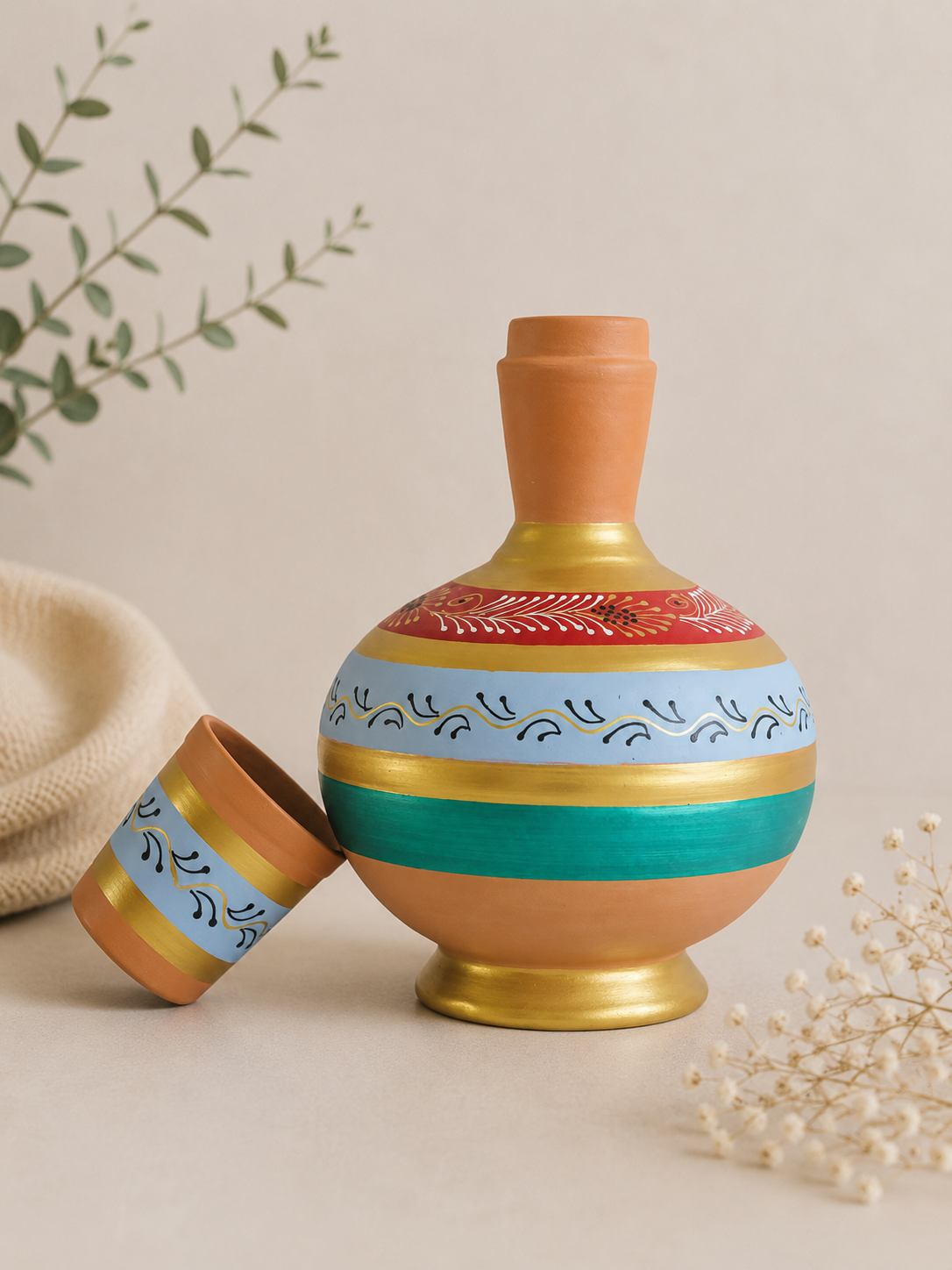 Handmade Printed Clay Surahi With A Glass (4L) | Soul Love & Earth