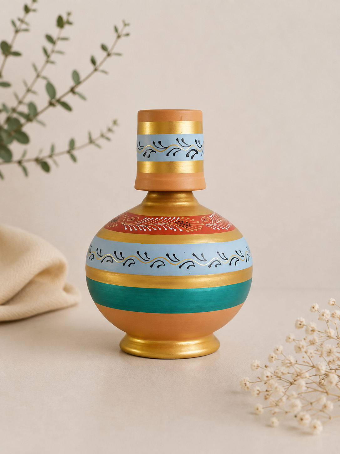 Handmade Printed Clay Surahi With A Glass (4L) | Soul Love & Earth