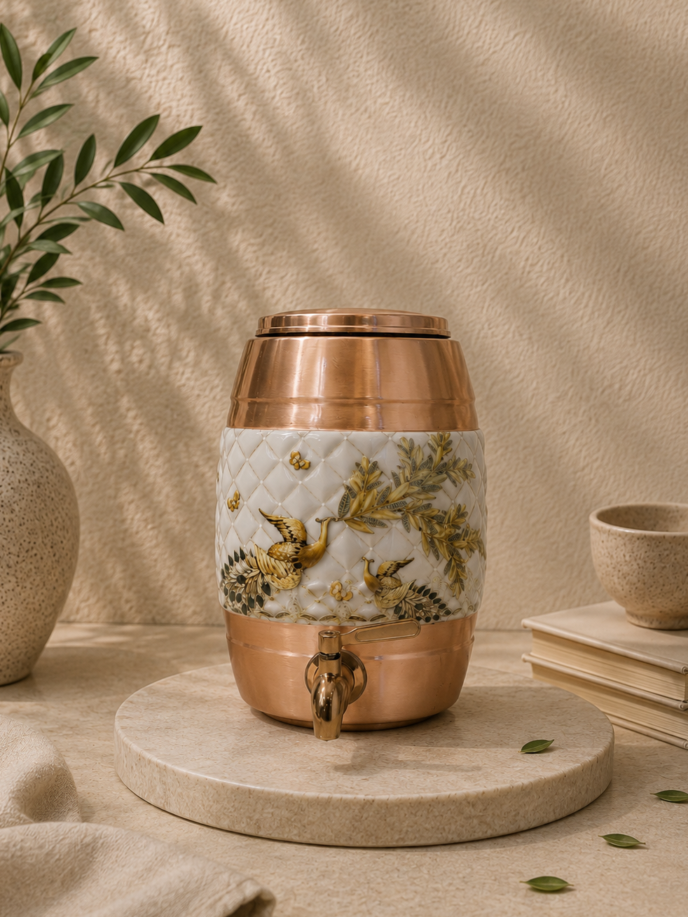Pure Copper Matka With Meena Work On Middle And Top Water Dispenser With Lid and Tap (5L) | Soul Love & Earth