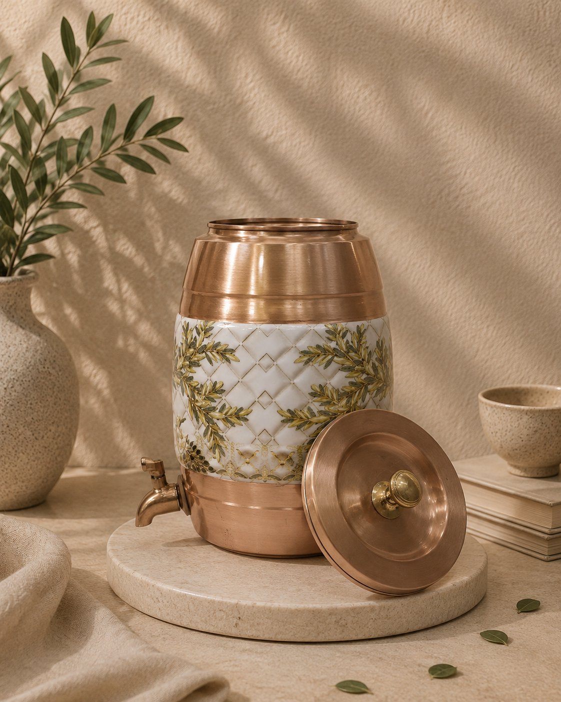Pure Copper Matka With Meena Work On Middle And Top Water Dispenser With Lid and Tap (5L) | Soul Love & Earth